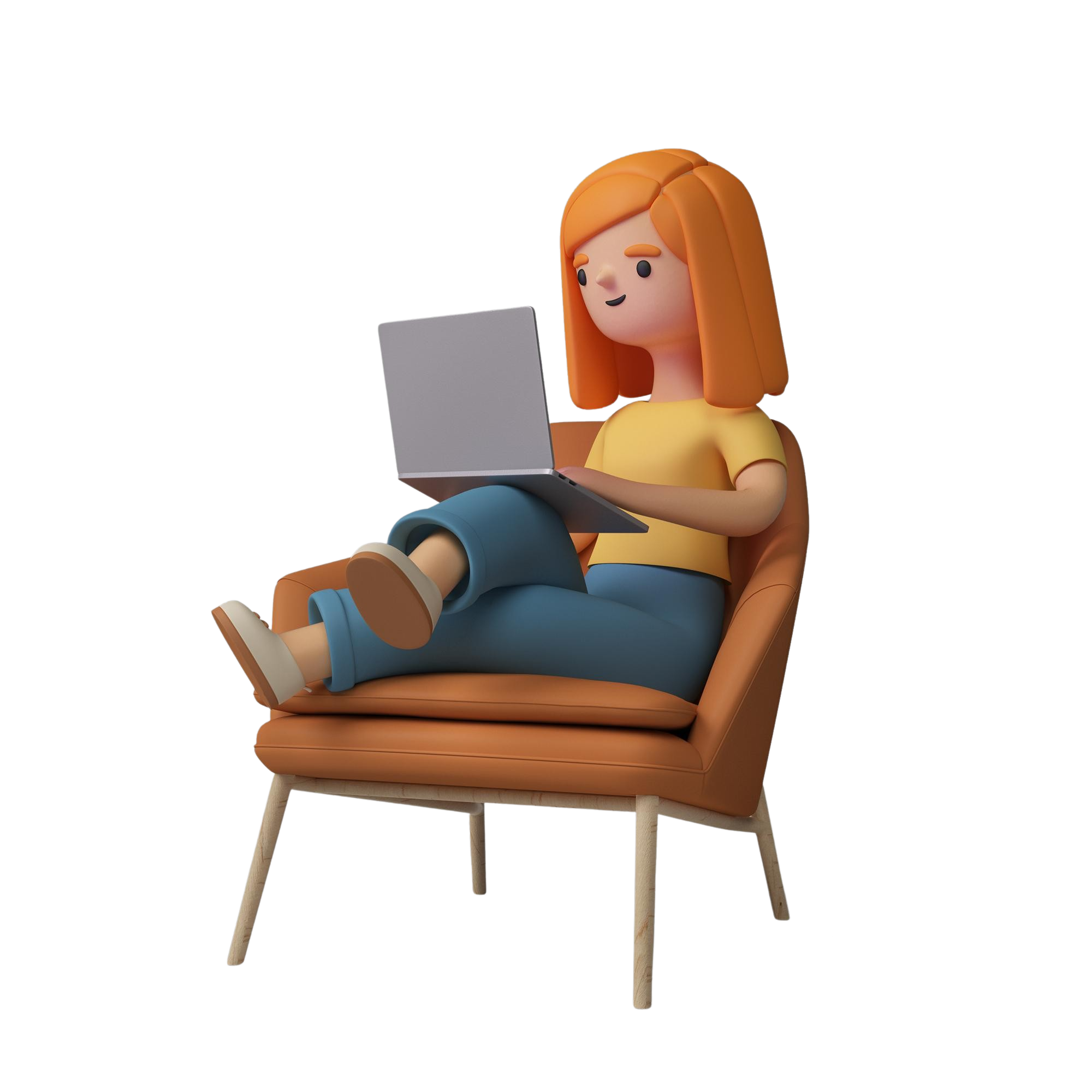 3d-female-character-working-laptop-while-sitting-chair